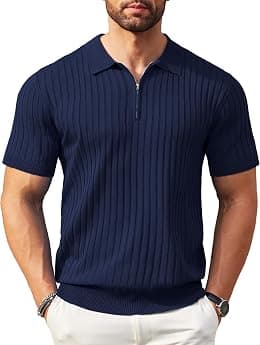 COOFANDY Men's Zipper Polo Shirts Short Sleeve Ribbed Knit Polo T Shirts Fashion Casual Golf Shirts - Best Deal Finder