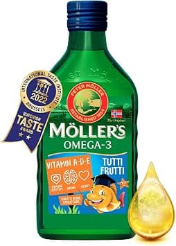 Moller's | Omega 3 Cod Liver Oil | Food Supplements with EPA, DHA, Vitamins A, D and E | Superior Taste Award | 166 Years Existing Brand | Tutti Frutti | 250ml - دليلك لأفضل العروض