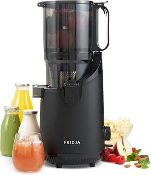 Fridja f2500 Self-Feeding Juicer Machine - Premium Whole Fruit Masticating Slow Juicer - 135mm Feeding Chute, 250W - Cold Press Juice & Nut Milk Extraction - Full-Size - Matte Black [Energy Class A++] على Amazon.ae - متتبع الأسعار