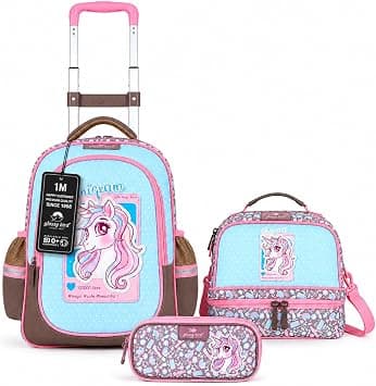 Kids 3 Wheel Trolley School Backpack Set, 3 wheel Detachable Rolling School Bag with Lunch Bag and Pencil Case for Kids (Happy Unicorn) on Amazon.ae - Price Tracker