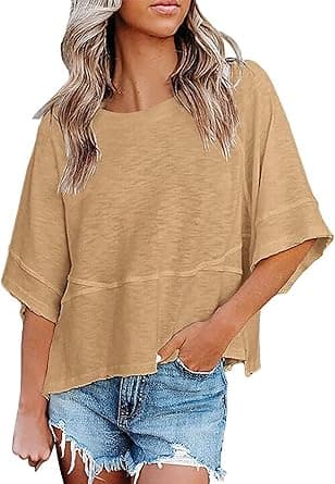 Womens Fashion T-Shirt CrewNeck 3/4 Sleeves Solid Color Loose Basic Pullover Tops Summer Casual Tees Blouses on Amazon.ae - Price Tracker