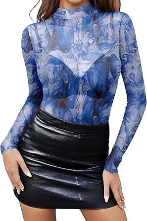SEBOWEL Mesh Top Women's Sexy Sheer Mesh Floral Pattern Long Sleeve Shirt Transparent Tops Blouse Party Outfits on Amazon.ae - Price Tracker