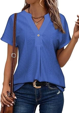 Astylish Womens V Neck Blouses Casual Short Sleeve Buttons Hollow Out Fashion Shirts Tops Dressy on Amazon.ae - Price Tracker