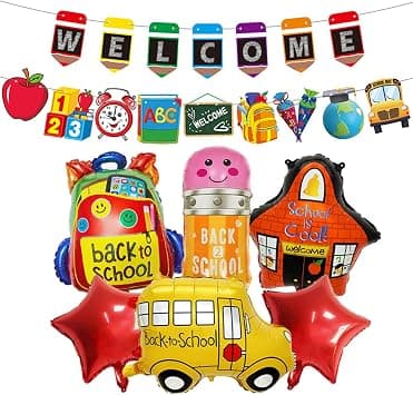 10 Pcs Back to School Balloons Set, 6 Pcs Classroom Theme Aluminum Film Balloons with Welcome Banner & Tape & Straw, First Day of School Decorations for Classroom Supplies on Amazon.ae - Price Tracker