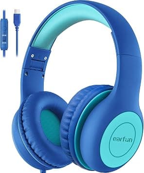 EarFun Kids Headphones, Foldable Headphones for kids with Mic, 85/94dB Volume Limiter, Sharing Function, Stereo Sound, Type C Plug Wired Children Headphone for School/Travel/Phone, Blue Green on Amazon.ae - Price Tracker