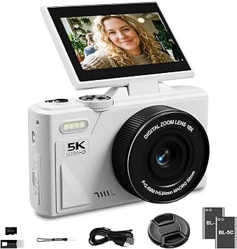 5K Digital Camera for Photography - 75MP WiFi Vlogging Camera for YouTube, Travel Flash Camara for Beginners Adults, UHD 18X Zoom Digital with Flip Screen 3" 180°, 64 GB SD Card, 2 Batteries, (White) on Amazon.ae - Price Tracker