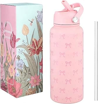Pink Bow Water Bottle, 32oz/1L Stainless Steel Insulated Water Bottle with Straw and Handle, Cold and Heat Preservation, Leak-Proof Water Bottles for School Gym Travel, Gifts for Teens Girls Women - Best Deal Finder