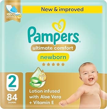 Pampers Ultimate Comfort Taped Diapers, Size 2, 3-8kg, Lotion infused with Aloe Vera and Vitamin E, x1000 Leak Locks Technology for Leakage Protection, 84 Count on Amazon.ae - Price Tracker