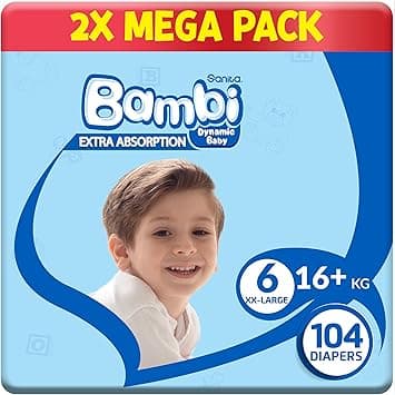 Sanita Bambi Baby Diapers Size 6, 16+kg, Skin-Friendly with Hypoallergenic Inner layer, Wetness Indicator, Leakage Protection & Comfort - Carton of Mega Pack (52x2), 104 Count - Amazon.ae Price Tracker