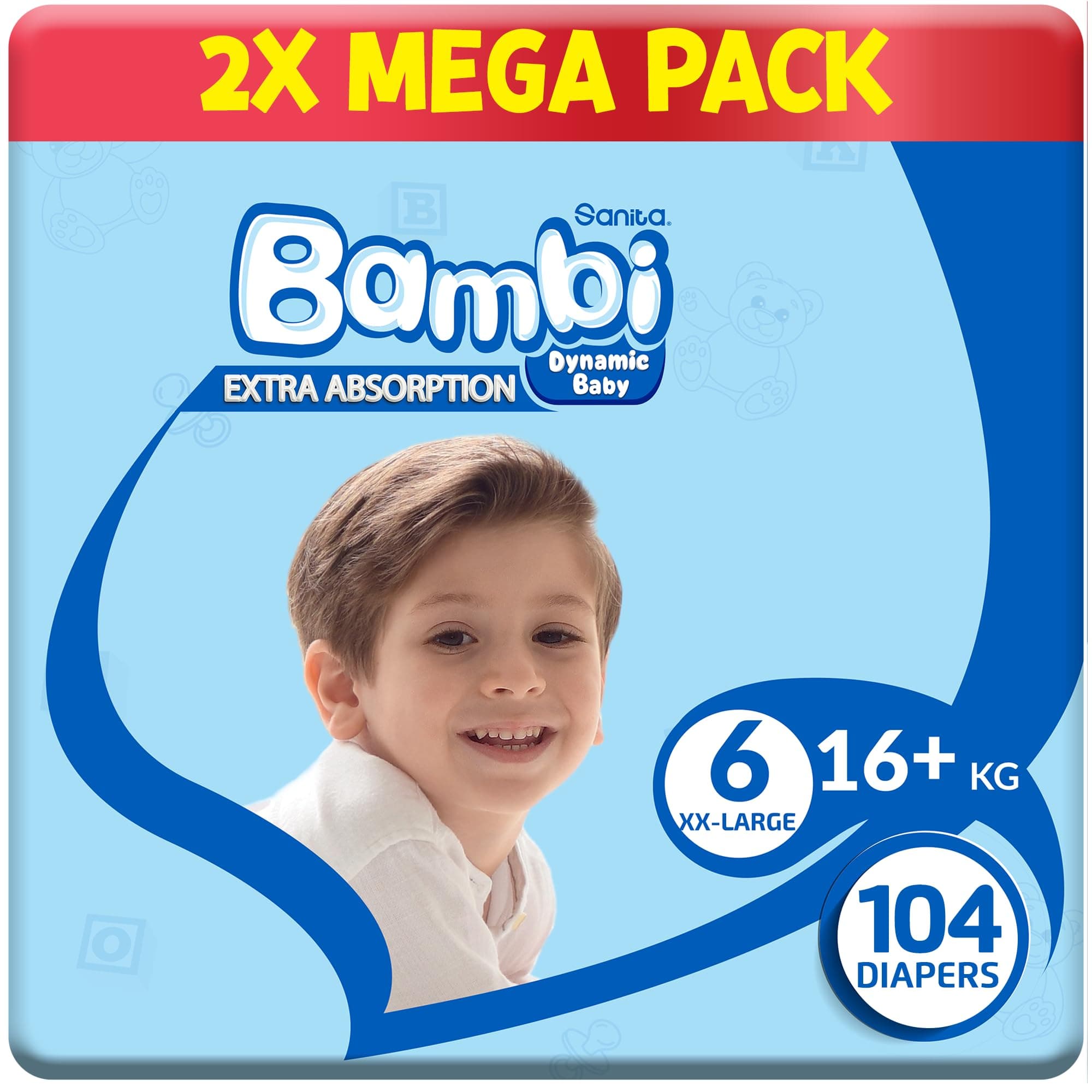 Sanita Bambi Baby Diapers Size 6, 16+kg, Skin-Friendly with Hypoallergenic Inner layer, Wetness Indicator, Leakage Protection & Comfort - Carton of Mega Pack (52x2), 104 Count on Amazon.ae - Price Tracker