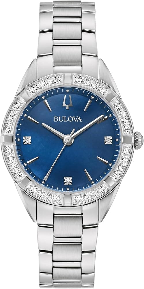 Bulova Ladies' Classic Sutton Stainless Steel 3-Hand Quartz Watch, Diamond Bezel with Blue Mother-of-Pearl Dial Style: 96R243, Silver, Classic Sutton Quartz Silver-Tone Stainless Steel Bracelet on Amazon.ae - Price Tracker