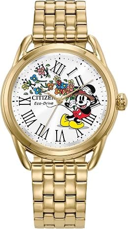 Citizen Women's Eco-Drive Disney Mickey Mouse Gold Stainless Steel Watch, Silver White Dial (Model: FE7093-57W), Gold, Disney Mickey Mouse - Best Deal Finder