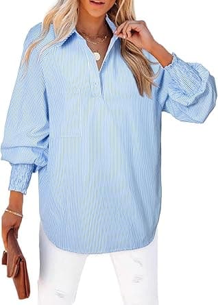 Astylish Women 2025 Fine Striped Smocked Cuffed Henley Shirts Long Sleeve Collared Blouse Tops with Pocket, Sky Blue Stripe, M on Amazon.ae - Price Tracker
