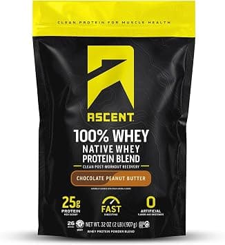 Ascent 100% Whey Protein Powder - Post Workout Whey Protein Isolate, Zero Artificial Flavors & Sweeteners, Gluten Free, 5.7g BCAA, 2.7g Leucine, Essential Amino Acids, Chocolate Peanut Butter 2 lb on Amazon.ae - Price Tracker