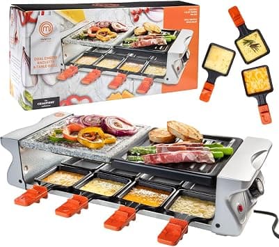 MasterChef Electric Raclette Table Grill w Non-Stick Grilling Plate & Cooking Stone- 8 Person Tabletop Cooker for Indoor, Smokeless, Korean BBQ - Melt Cheese, Cook Meat, Veggies, Appetizers-19" x 8" - Best Deal Finder