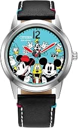 Citizen Disney Sensational Six Stainless Steel Eco-Drive Dress Watch with Leather Strap, Black, 21 (Model: AW1235-06W), Silver, One Size, Mickey/Friends AW1235-06W - Best Deal Finder