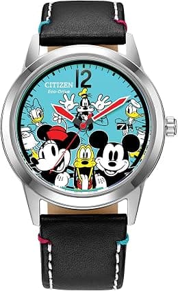 Citizen Disney Sensational Six Stainless Steel Eco-Drive Dress Watch with Leather Strap, Black, 21 (Model: AW1235-06W), Silver, One Size, Mickey/Friends AW1235-06W - Best Deal Finder