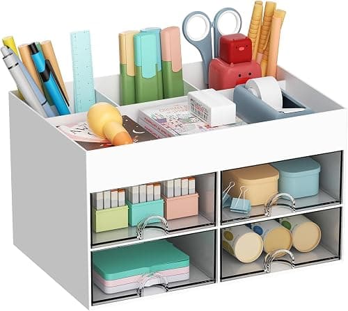 Pen Organizer with 4 Drawer, Multi-Functional Pencil Holder for Desk, Desk Organizers and Accessories with 4 Compartments + Drawer for Office Art Supplies (White) على Amazon.ae - متتبع الأسعار