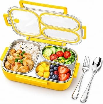 304 Stainless Steel Bento Box 750ml Leakproof 3 Compartment Lunch Box Container with Spoon and Fork Food Grade Metal Lunchbox Dishwasher Safe for Kids Adults School Work Picnic على Amazon.ae - متتبع الأسعار