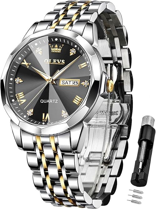 OLEVS Watches for Men Diamond Business Dress Analog Quartz Stainless Steel Date Luxury Casual Fashion Wrist Watch Waterproof Luminous on Amazon.ae - Price Tracker