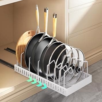 Oasisgalore Pots and Pans Organizer, 1 Pack 42 CM White Cast Iron Pull Out Cabinet Organizer Cookware Lid Organizer Rack Kitchen Drawer Organiser with 10 Adjustable Dividers inside Cabinet for Pots on Amazon.ae - Price Tracker