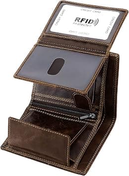 Trifold Billfold RFID Blocking Cowhide Leather Wallet for Men 10 Card Slots 2 ID Windows with Coin Pocket - Best Deal Finder