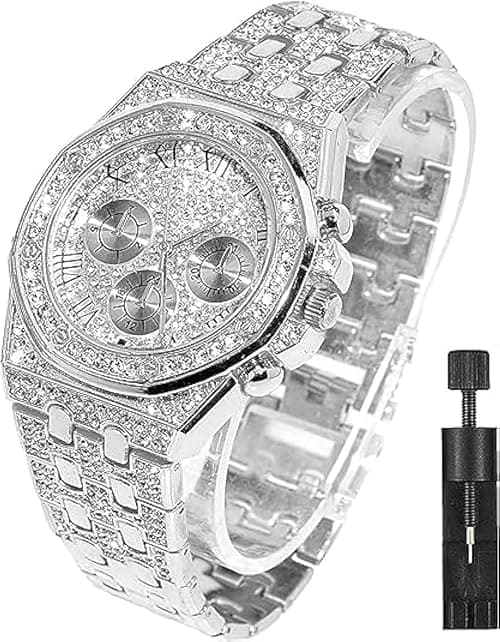 Azonee Crystal Watch for Men Womens, Diamond Iced Out Watch 40mm Width Roman Numerals Dial Quartz Wristband Watch Fashion Hip Hop Men's Bling Bling Watch, Silver on Amazon.ae - Price Tracker