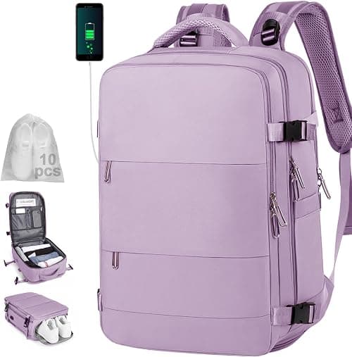 Travel Backpack, Waterproof Backpack, 31.5 L, with USB Charging Port, 10 Shoes Pockets and Compartment for 15.6 Inch Laptop(Black/Gray/White/Pink/Purple) على Amazon.ae - متتبع الأسعار