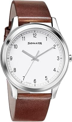 Sonata Essentials Men's Quartz Analog | Crisp White Minimalist Dial with Genuine Brown Leather Strap | Everyday Simplicity - 7135SL03 - متتبع أسعار Amazon.sa