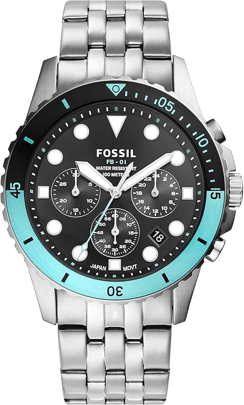 Fossil Men's FB-01 Stainless Steel Dive-Inspired Casual Quartz Chronograph Watch, Silver/Blue/Black, One Size, Fb-01 Chrono Chronograph Stainless Steel Watch FS5827 on Amazon.ae - Price Tracker