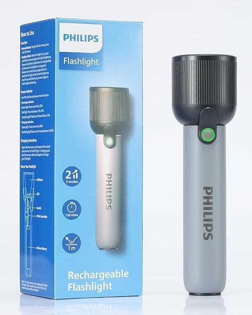 PHILIPS Handheld Torch Light, 2000mAh Rechargeable Torch Light with 2 Modes,400LM & IP44 Waterproof, Portable Flash Light for Home, Camping, Hiking, Emergency（Gray） on Amazon.ae - Price Tracker