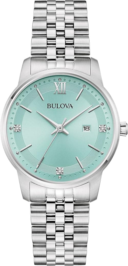 Bulova Ladies Quartz Dress Classic Watch, Silver-Tone Stainless Steel Bracelet, Aqua Dial, Calendar Style: 96P259 على Amazon.ae - متتبع الأسعار