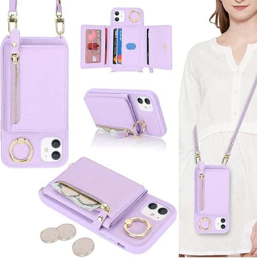 ELTEKER Mobile Phone Case for iPhone 11, Case with Strap, Card Slot, Ring Holder, Wallet, Leather Flip Case, Shoulder Bag, Mobile Phone Case for iPhone 11 - Purple على Amazon.ae - متتبع الأسعار