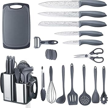 RAXCO Kitchen Knife Set,18-Piece Cooking Utensils with Stainless Steel Holder,Cutting Board and Utiliry Peelers (Grey) on Amazon.ae - Price Tracker