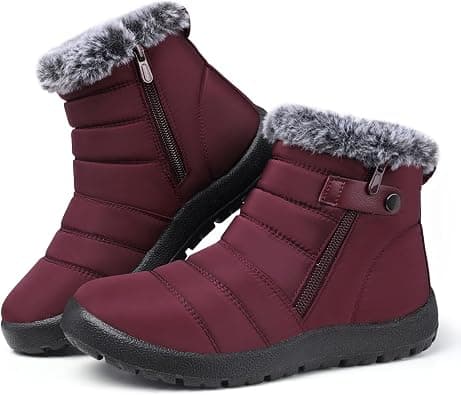 SHIBEVER Women Winter Snow Boots: Black Waterproof Walking Booties Non Slip Fur Lined Warm Outdoor Ankle Short Boot, 31red, 11 on Amazon.ae - Price Tracker