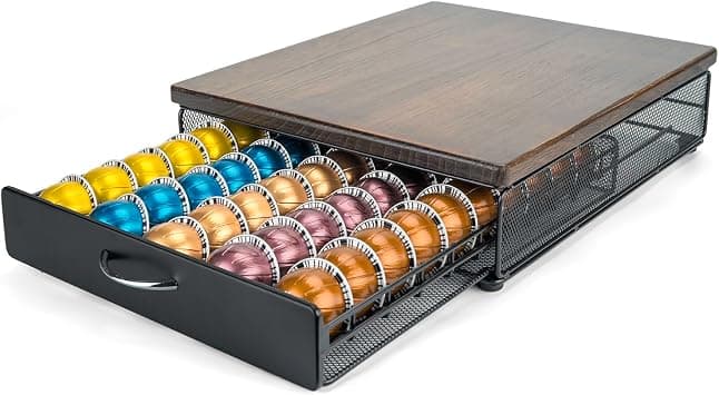 HiveNets for Vertuo Coffee Capsule Storage Drawer Compatible with Nespresso Vertuoline Pods Holder Metal and Wood Top Organizer (can hold 50 Pods) on Amazon.ae - Price Tracker