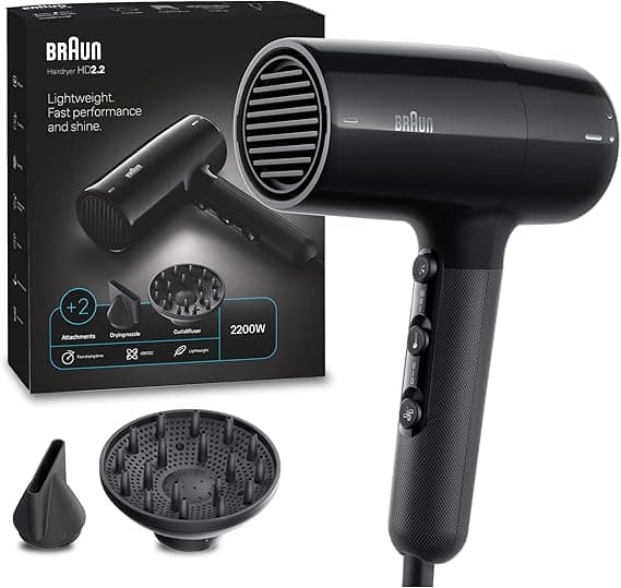Braun Hair dryer HD2.2 Light Weight, Fast Performance and Shine, 2200 Watts, 3 Heat Mode plus cool shot, with 2 Attachments Drying Nozzle, Curl Diffuser, BRHD225SDE - Ion Black. on Amazon.ae - Price Tracker