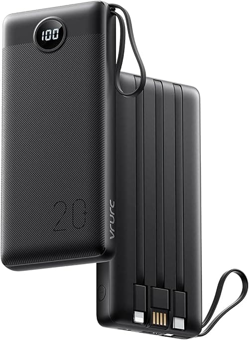 VRURC Portable Charger 20000mAh, Built-in Cable Fast Charging Power Bank, PD QC 3.0 USB C Battery Pack LED Display, 4 Output & 2 Input Phone Charger for iPhone,Samsung, Android-Black على Amazon.ae - متتبع الأسعار