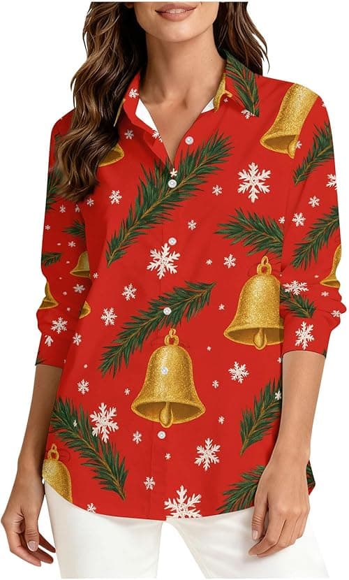 Christmas Tops for Women UK Novelty Xmas Jumpers Long Sleeve Tunic Top Button Up Shirt V Neck Blouse Xmas Tree Snowflake Reindeer Jumper Striped Shirt Ugly Funny Christmas Jumpers on Amazon.ae - Price Tracker