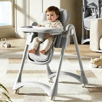 Foldable Baby High Chair, Height Adjustable Convertible Toddler Dining Feeding Chair with Removable Double Tray, 5-Point Harness, Lockable Wheels & PU Cushion for Infant & Kids على Amazon.ae - متتبع الأسعار