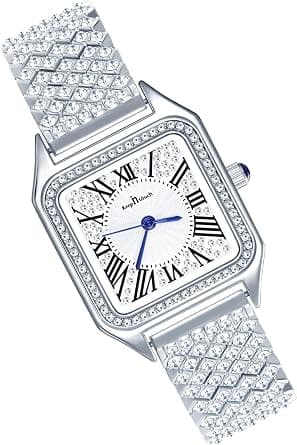 Women's Luxury Rhinestone Quartz Watch with Stainless Steel Strap, Full Diamond Square Dial, Roman Numeral Analogue Fashion Wristwatch for Ladies and Girls (white) على Amazon.ae - متتبع الأسعار