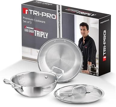 Bergner Tripro 3-Pc Triply Stainless Steel Cookware Set, 24cm (3.1L) Deep Stir-fry Pan Kadai with Lid, 22cm Frying Pan Skillet, Less Oil Use Healthy Cooking Set, Even Heating, Induction & Gas Ready على Amazon.ae - متتبع الأسعار