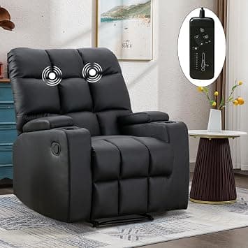 ANJHOME Manual Recliner Chair with Massage Vibration, PU Leather Reclining Chairs with Cup Holders and Storage Box for Living Room, Black على Amazon.ae - متتبع الأسعار