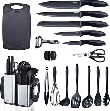 RAXCO Kitchen Knife Set,18-Piece Cooking Utensils with Stainless Steel Holder,Cutting Board and Utiliry Peelers (Jet-black) on Amazon.ae - Price Tracker