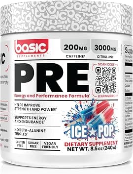 Basic Pre-Workout with 200mg Caffeine and 3000mg Citrulline for Energy, Focus, and Strength Support, No Beta-Alanine Tingles, Vegan, Gluten-Free, Sugar-Free على Amazon.ae - متتبع الأسعار