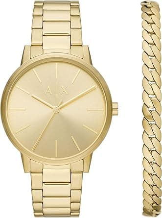 Armani Exchange Watch for Men, Quartz Three Hand Movement, 42 mm Gold Stainless Steel Case with a Stainless Steel Strap, AX7144SET on Amazon.ae - Price Tracker