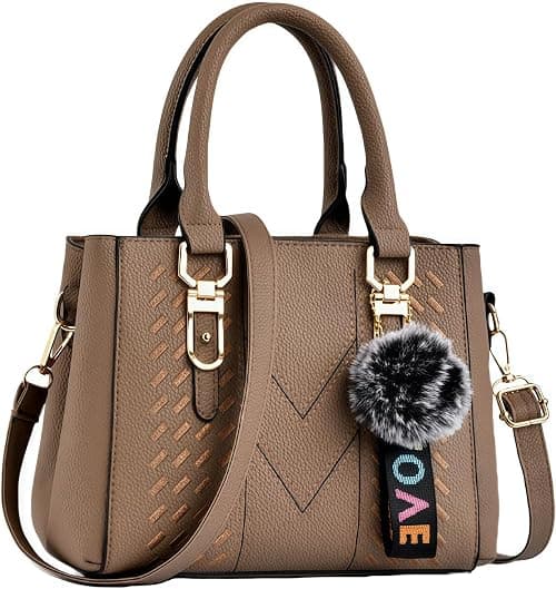 Elegant Women's Faux Leather Satchel Handbag, Khaki Shoulder Tote Purse with Crossbody Strap, Gold Hardware, Pom Pom Charm on Amazon.ae - Price Tracker