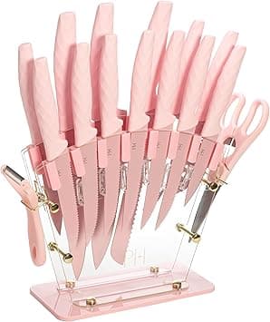 Paris Hilton Knife Block Set with Fan Style Clear Acrylic Knife Block, Premium Stainless Steel Blades with Nonstick Coating, Comfort Grip Handles, 16-Piece Set, Pink and Gold on Amazon.ae - Price Tracker