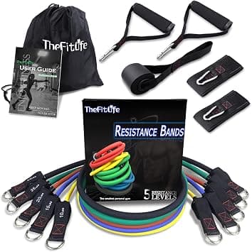 TheFitLife Exercise Resistance Bands with Handles - 5 Fitness Workout Bands Stackable up to 110/150 lbs, Training Tubes with Large Handles, Ankle Straps, Door Anchor Attachment, Carry Bag - Best Deal Finder