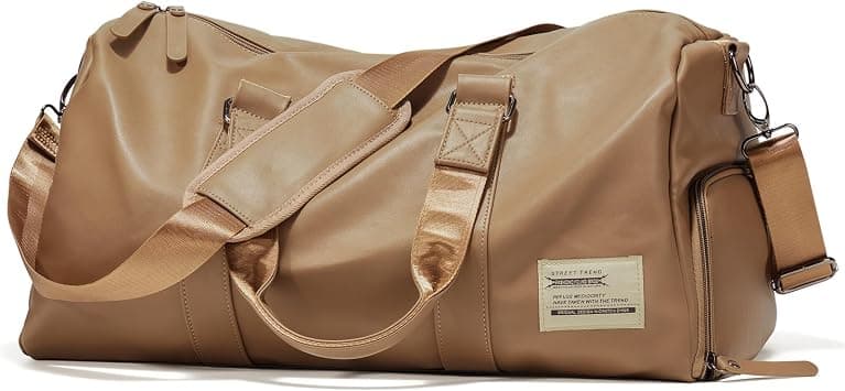 Leather Travel Duffel Bag, Large Gym Sports Bag Weekend Bag with Shoes Compartment, Waterproof Overnight Carry on Bag Airline Approved for Men and Women, Brown على Amazon.ae - متتبع الأسعار